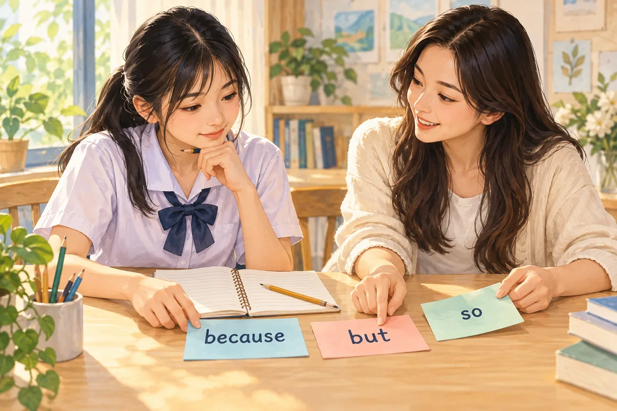นักเรียนและติวเตอร์เรียงบัตรคำ because, but และ so ข้างสมุดเพื่อฝึกเชื่อมประโยคภาษาอังกฤษ