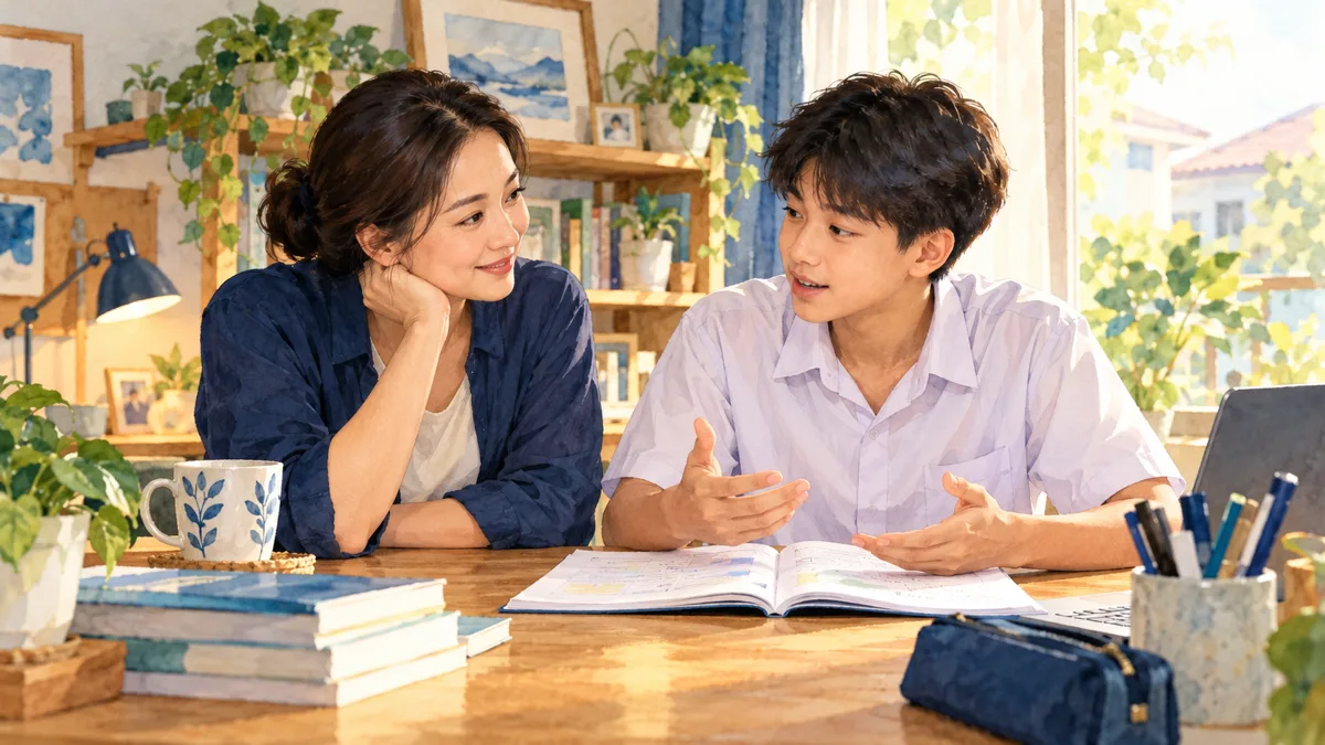 ผู้ปกครองนั่งฟังนักเรียนอธิบายวิธีทำในสมุดโดยไม่เขียนคำตอบแทน